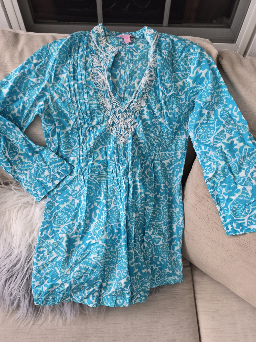 Lilly Pulitzer XS Sarasota Beaded Tunic Blue Long Sleeve Top